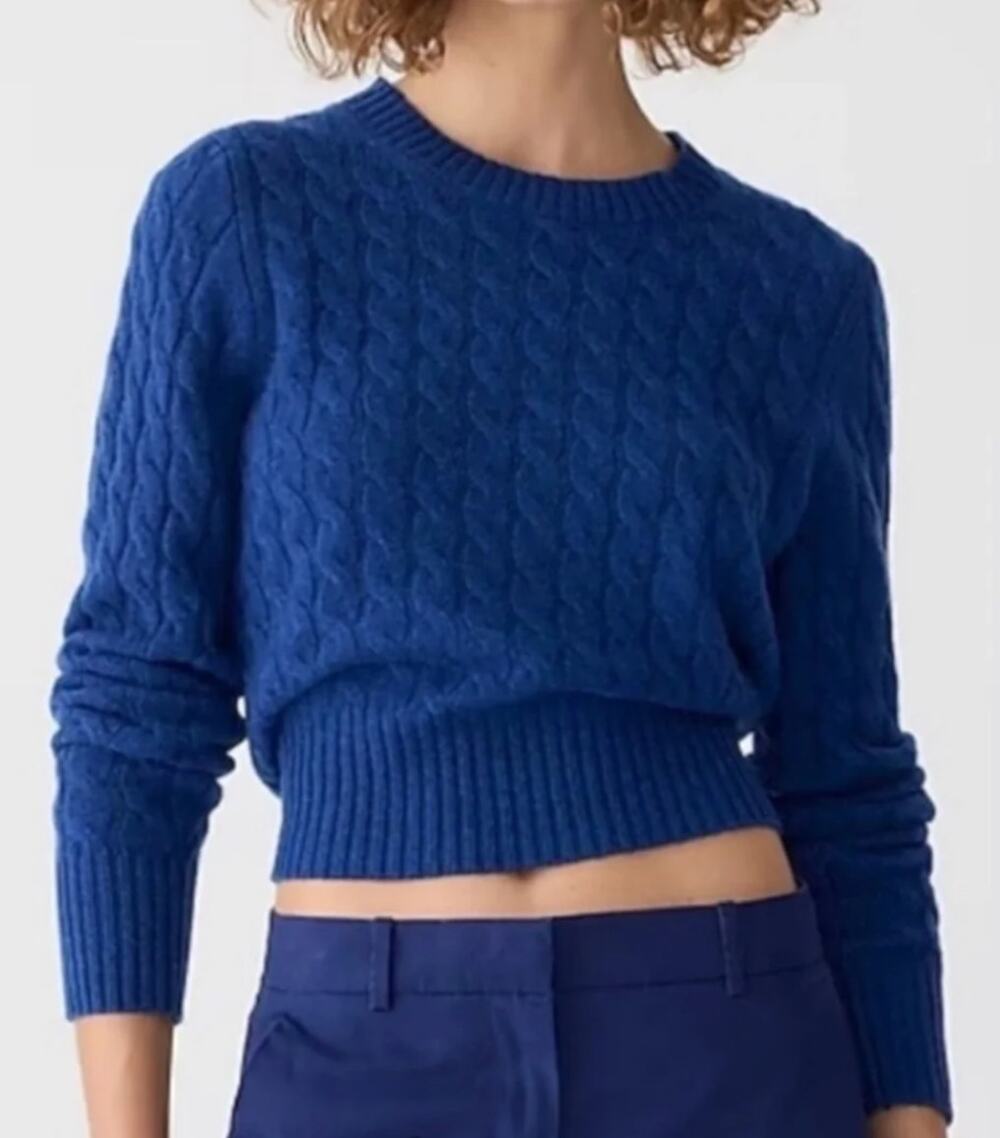 J.Crew 100% Cashmere Shrunken Cable Knit Crewneck Sweater Fitted Blue Large